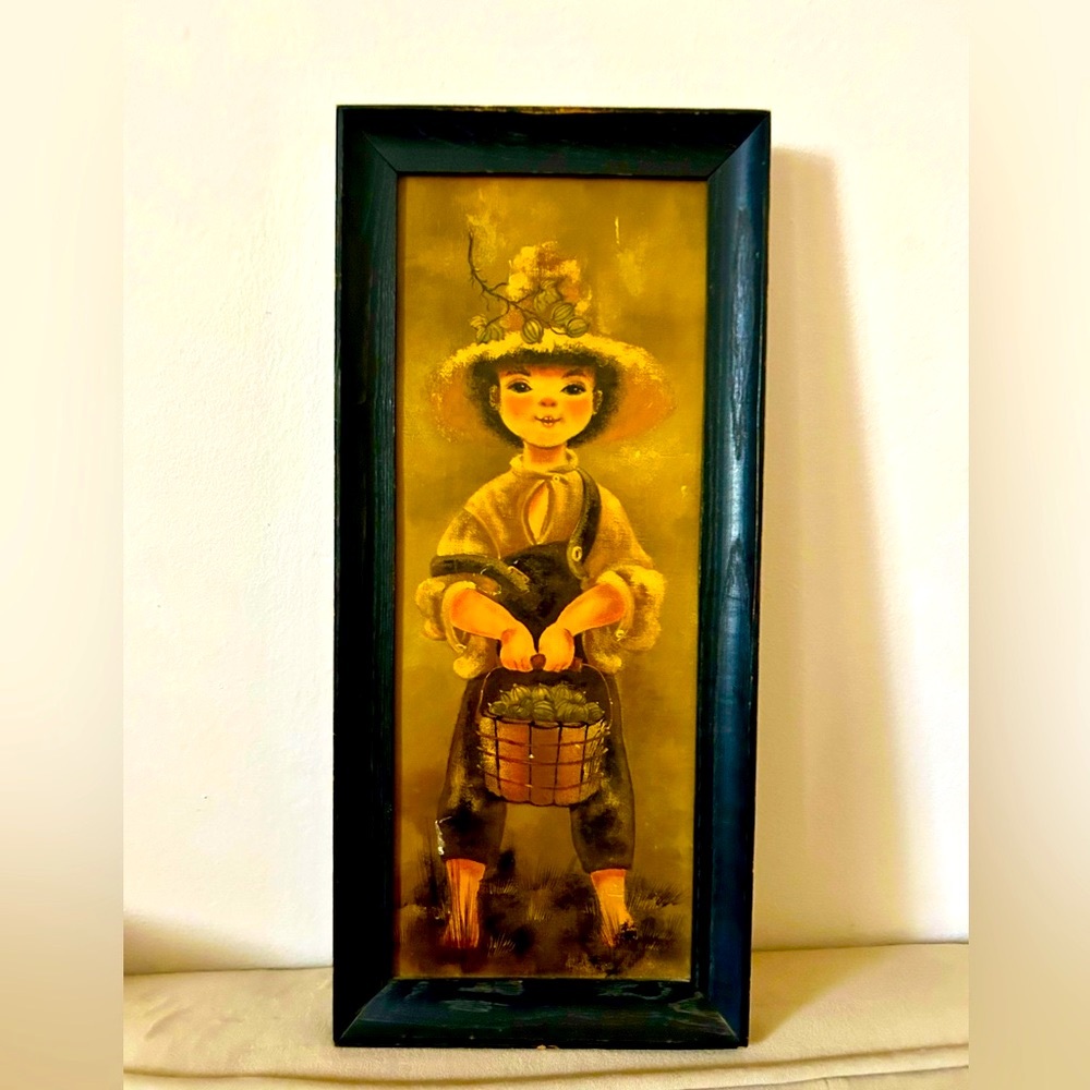 WM Merrill Print Wooden Framed Wall Art 1963 Farm Boy Gooseberries Basket